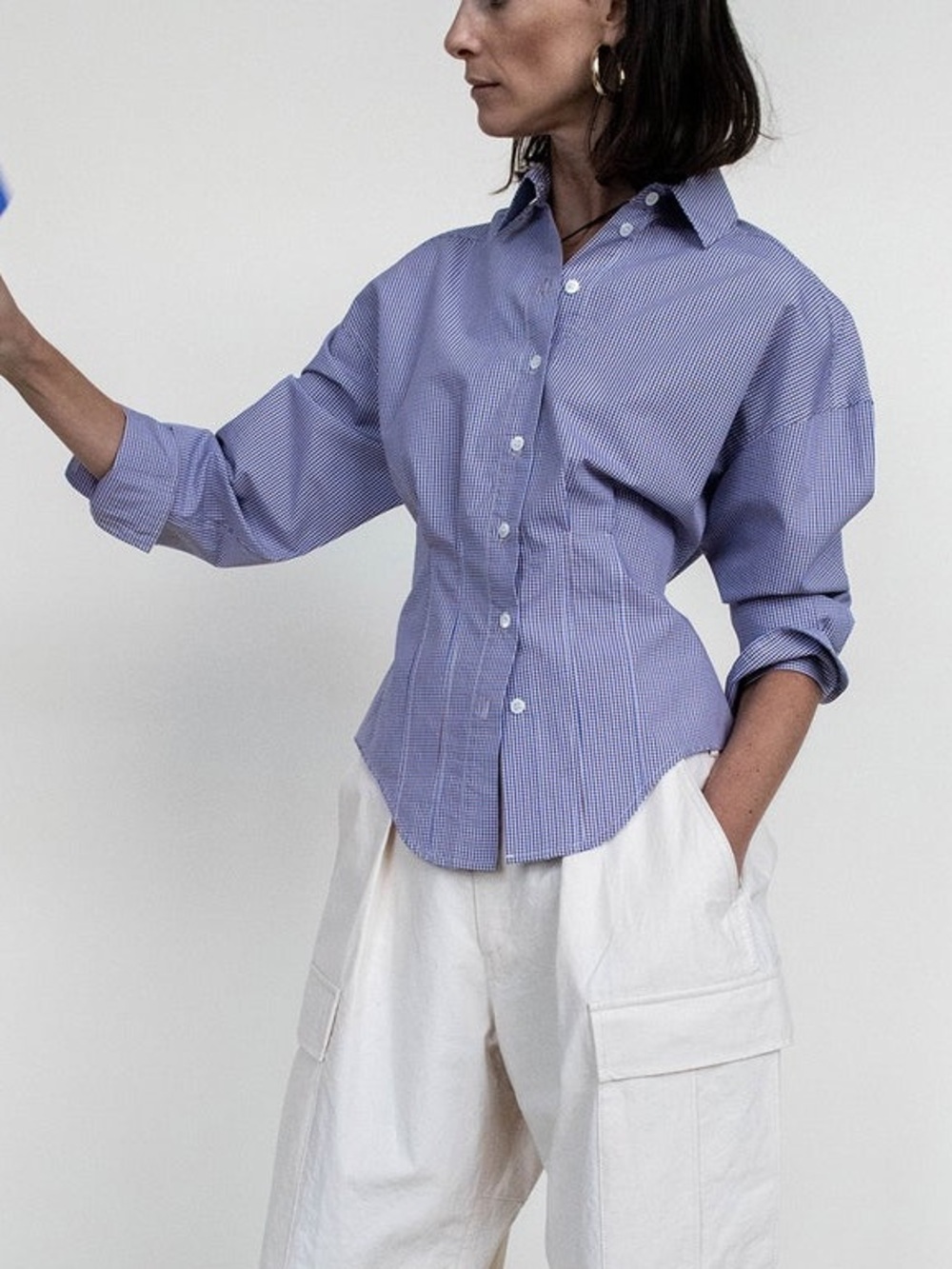 Heather Harlan Waisted Shirt Blue Rust Plaid Button Front XS
